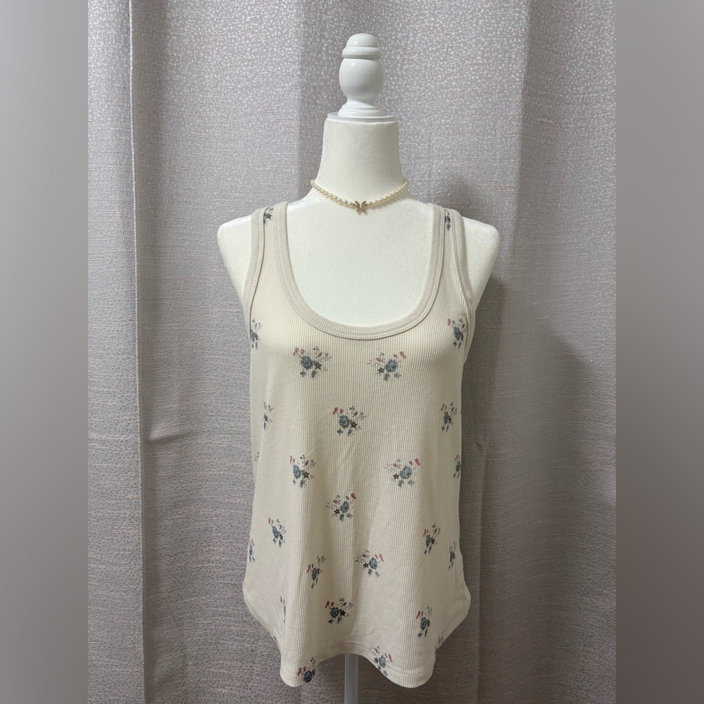 Wildfox Women’s Cream Floral Print Ribbed Tank Top Medium Floral, Coquette, Y2K